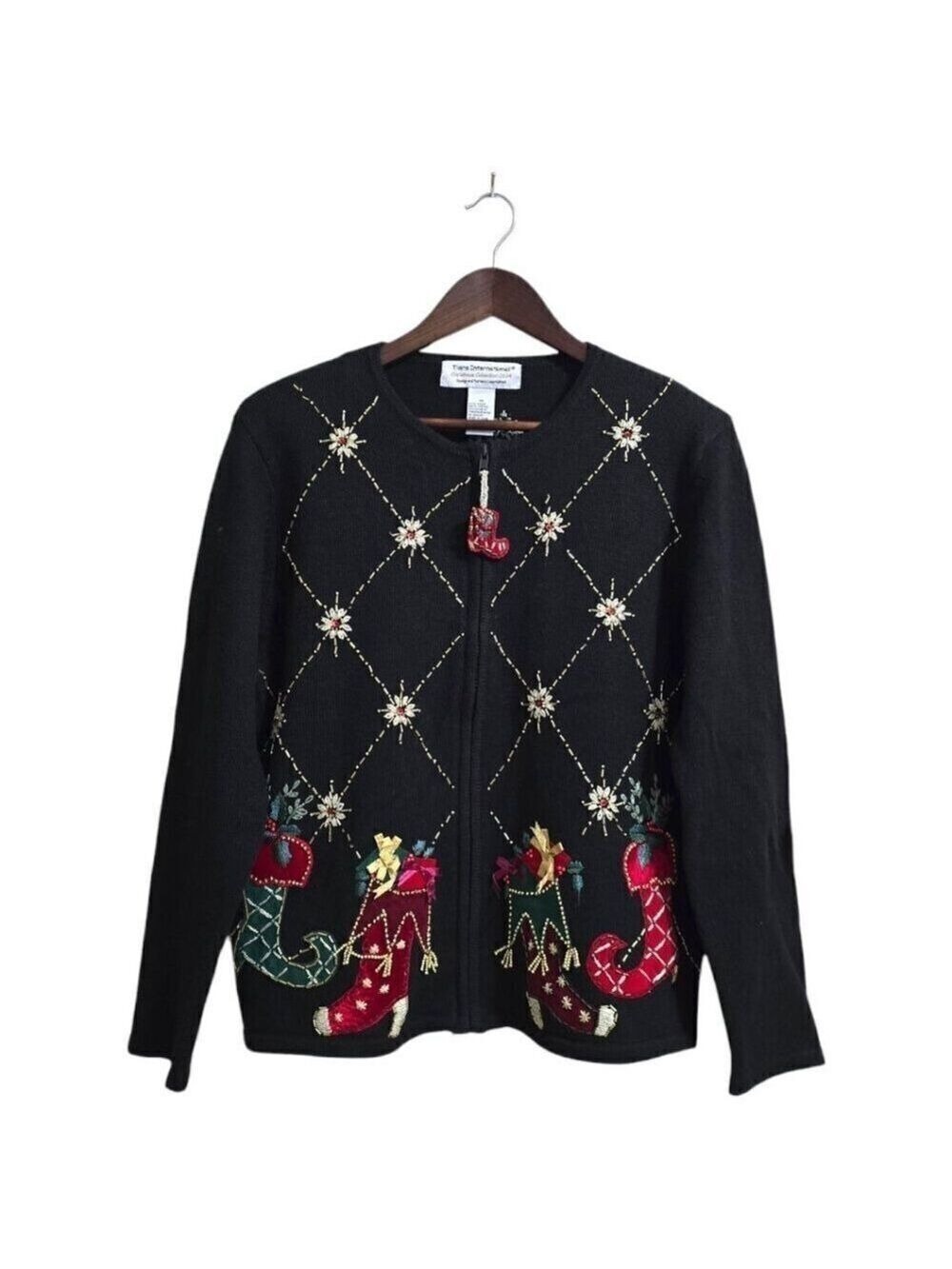 Tiara International Vintage Black Beaded Embroidered Zip Christmas Sweater Sz M